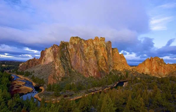 Picture clouds, trees, river, mountain, morning, USA, winding, Oregon