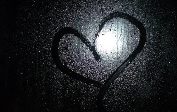 Picture glass, drops, love, rain, black, heart, dark Wallpapers