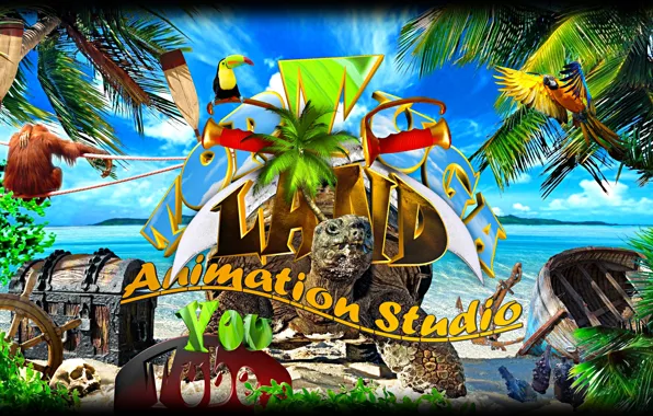 Sand, sea, Islands, palm trees, boat, skull, turtle, monkey