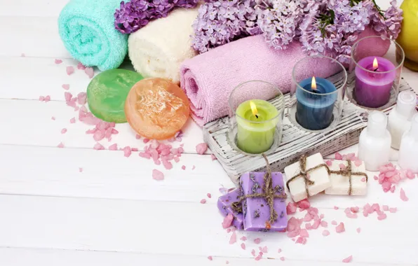 Flowers, towel, candles, soap, soap, flowers, lilac, Spa
