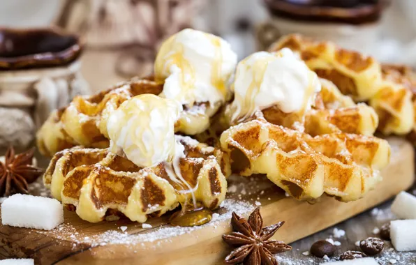 Ice cream, waffles, cakes, spices