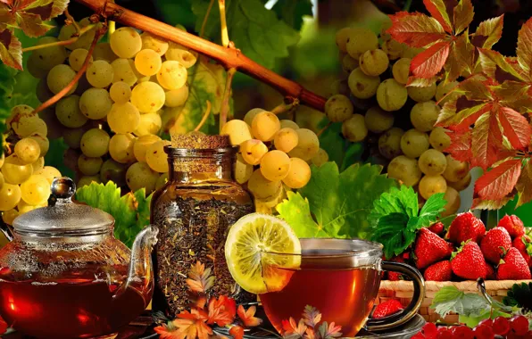 Picture tea, grapes, still life