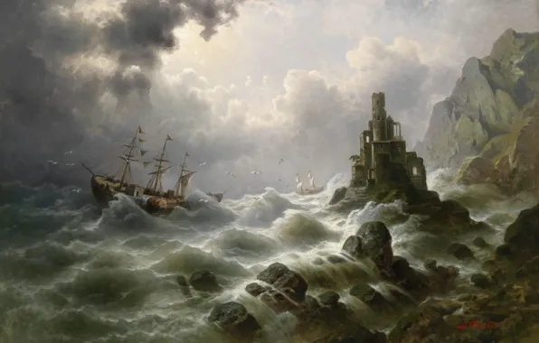 Picture picture, painting, painting, Stormy Sea with Lighthouse on the Coast, J. Claiton
