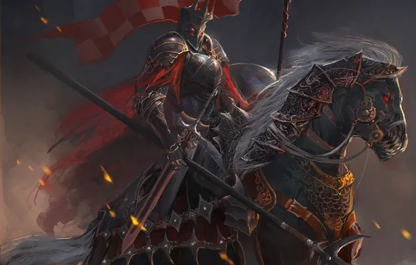 Horse, sword, art, helmet, rider, spear, armor, banner