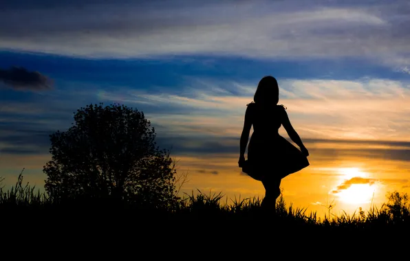 The sky, girl, sunset, nature, tree, silhouette