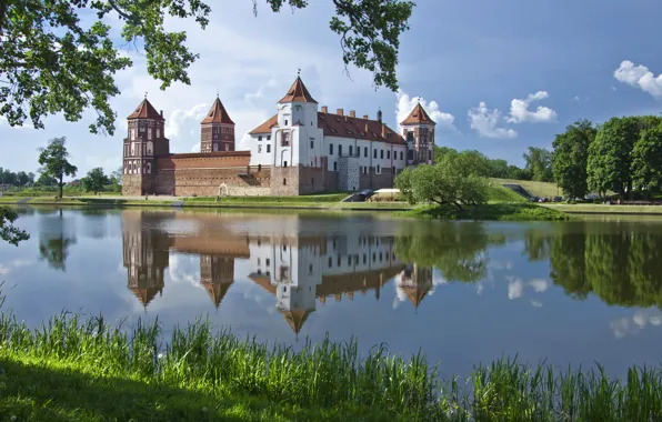 Water, pond, reflection, Belarus, Mir castle, Mirsky Castle Complex, Grodno region