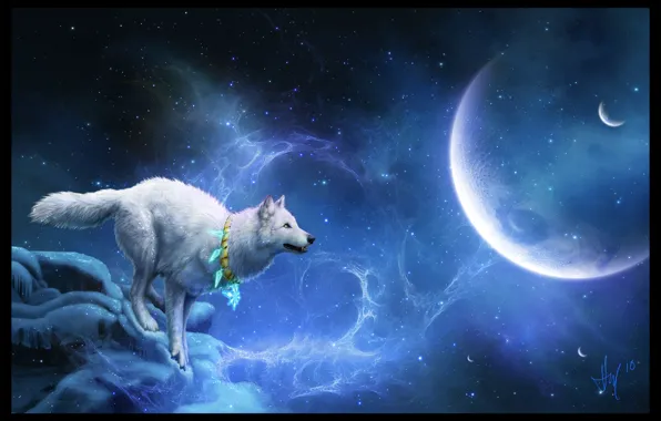 Picture white, planet, wolf, stars, mystic