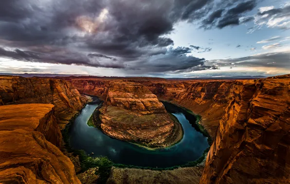 The sky, mountains, clouds, river, overcast, rocks, height, Colorado