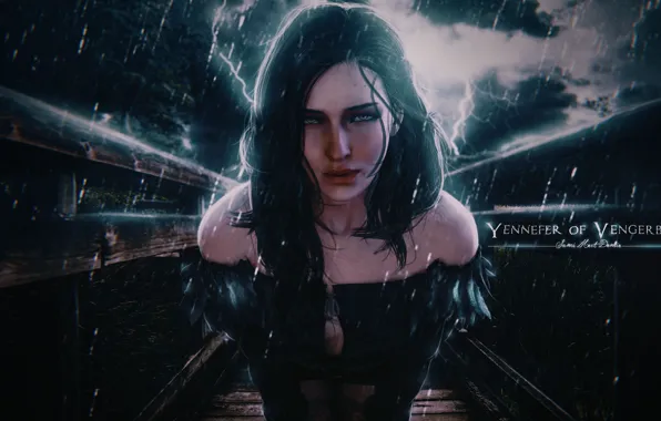 The storm, look, night, rain, the inscription, hair, The Witcher, the enchantress