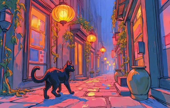 Cat, cat, light, night, the city, pose, black, figure