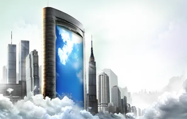 Picture glass, clouds, reflection, creative, skyscrapers