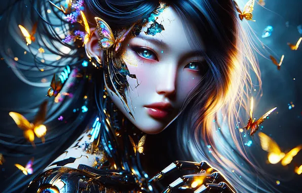 Machine, look, girl, light, butterfly, flowers, face, style