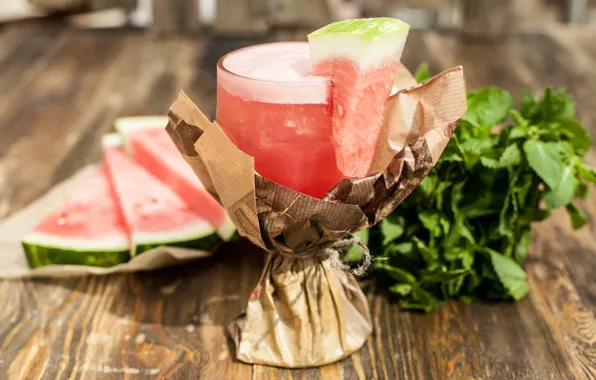 Glass, ice, watermelon, juice, drink, mint, fresh