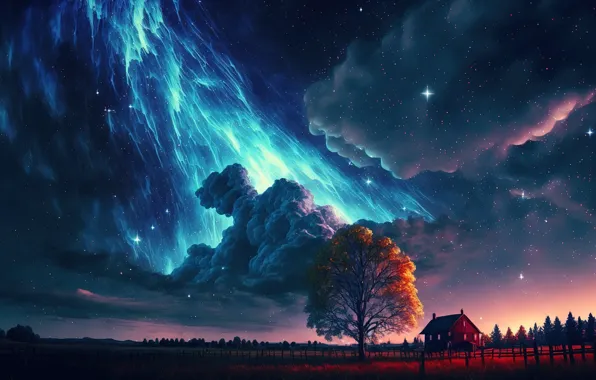 Picture stars, clouds, landscape, night, house, tree, artificial intelligence, AI art