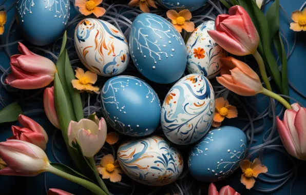 Flowers, holiday, bright, eggs, spring, blue, Easter, socket