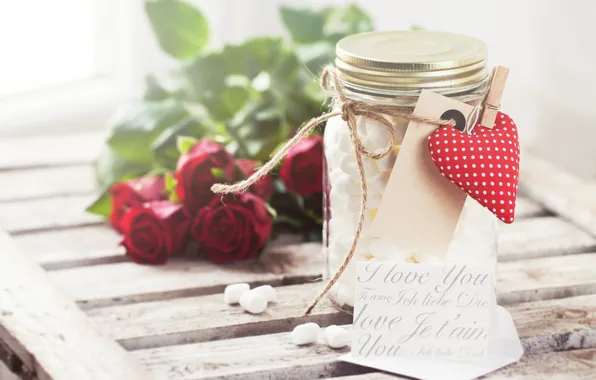 Roses, hearts, red, heart, romantic, valentine's day, jar, marshmallows