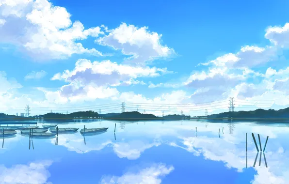 The sky, clouds, landscape, lake, pond, figure, boats