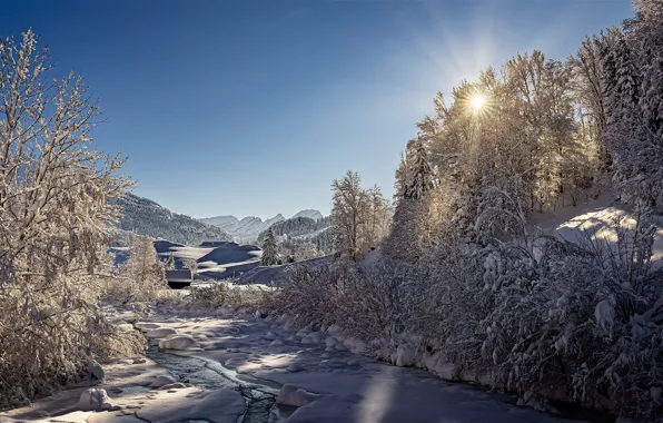 Picture winter, the sun, rays, snow, landscape, mountains, nature, river