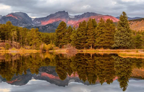 Autumn, forest, the sky, trees, mountains, lake, reflection, shore