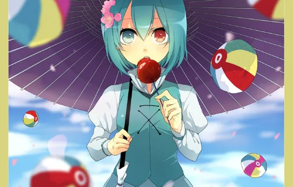 Balls, blue hair, flower in hair, different eyes, Touhou Project, under the umbrella, project East, …