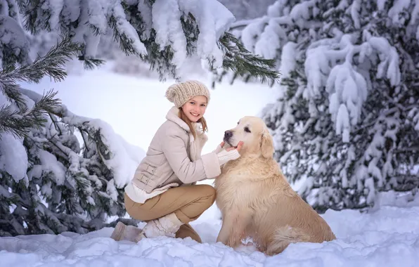 Winter, girl, snow, trees, nature, animal, dog, ate