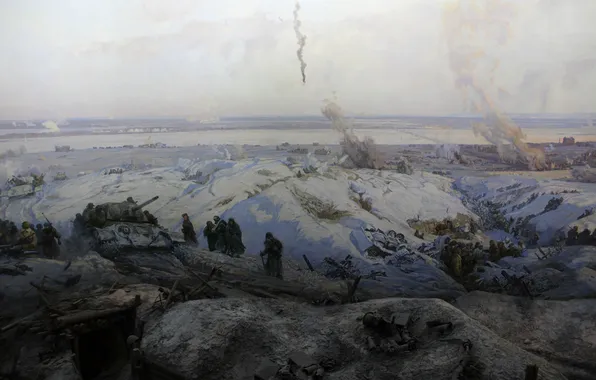 Winter, Snow, War, Panorama, Picture, Soldiers, Fragment, Russian