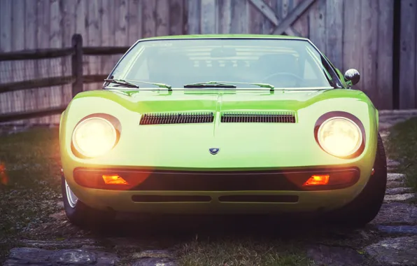 Auto, Lamborghini, Retro, Green, Machine, Light, Eyelashes, 1969