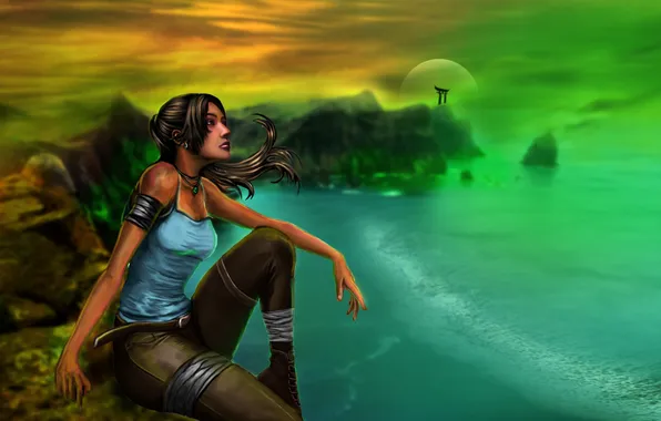 Picture sea, look, girl, hair, island, art, sitting, Lara Croft