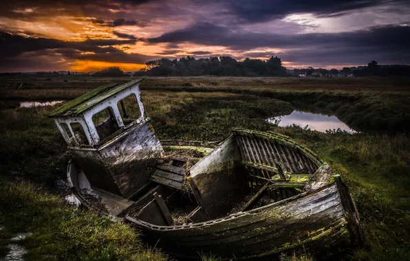 Picture field, landscape, night, boat