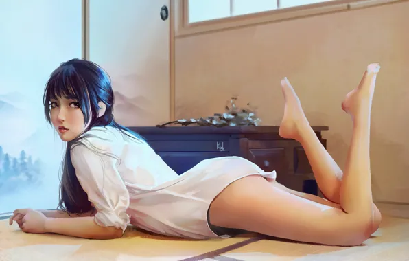 Asian, lying on the floor, white shirt, barefoot girl, tatami, by Kbdong