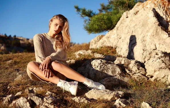 Picture look, girl, pose, stones, feet, hands, shoes, sweater