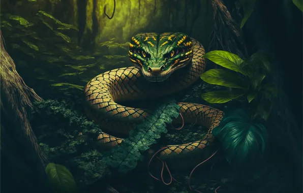 Look, leaves, green, the dark background, thickets, snake, plants, jungle