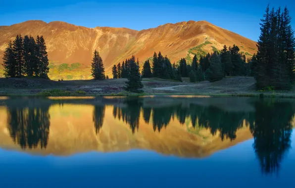 The sky, trees, mountains, lake, reflection, Colorado, national Park