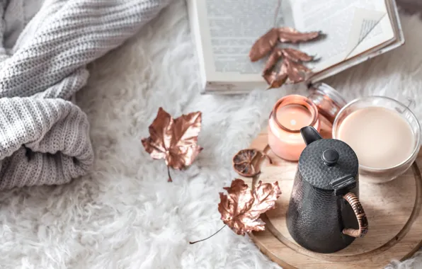 Autumn, leaves, wool, autumn, leaves, sweater, coffee cup, a Cup of coffee