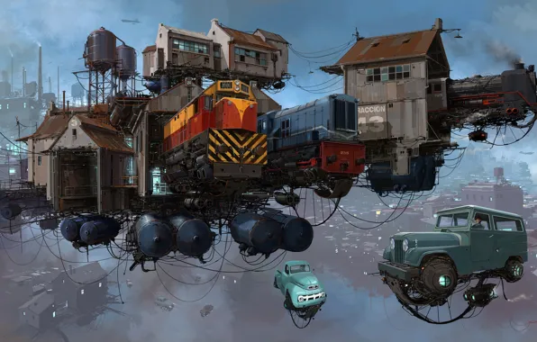 Picture transport, platform, buildings, trains, Serie Universo Chatarra