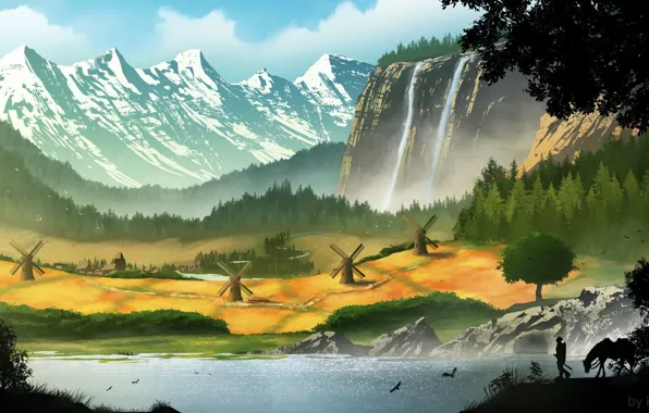 Mountains, waterfall, valley, mill, Village commission