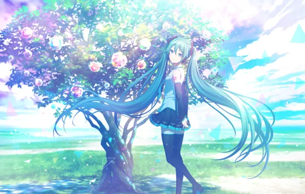 Girl, balls, nature, tree, Hatsune Miku, Vocaloid