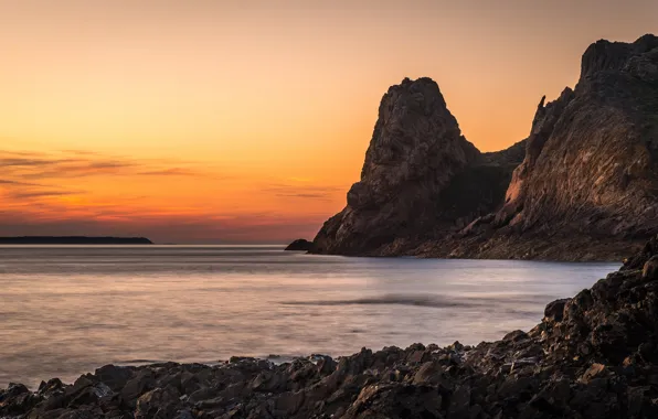 Sea, landscape, sunset, mountains, nature, stones, rocks, shore