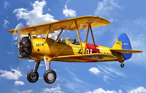Picture art, airplane, painting, Boeing Stearman
