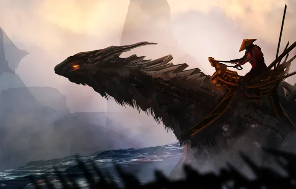 Figure, Dragon, Lizard, Warrior, Landscape, Art, Landscapes, Digital Art