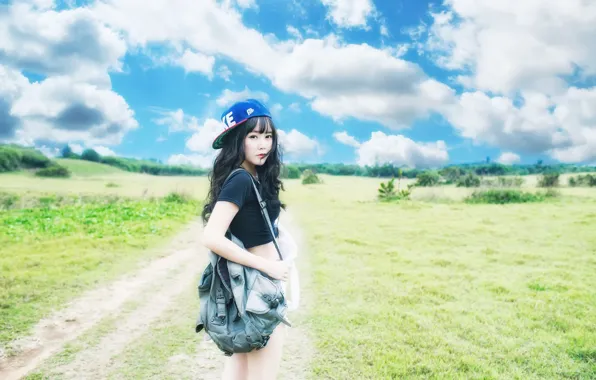 Picture road, girl, backpack