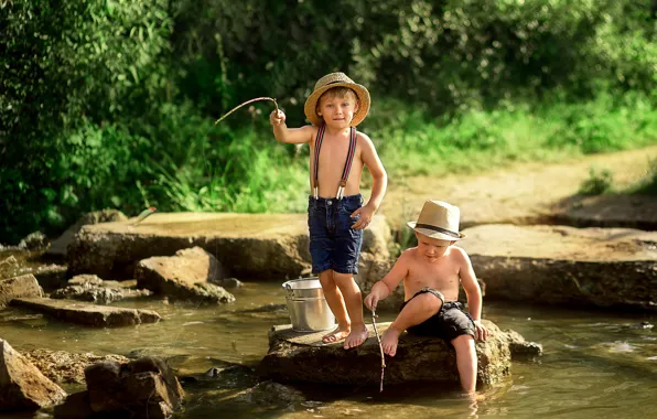 Summer, nature, children, river, stones, fishing, bucket, fishermen