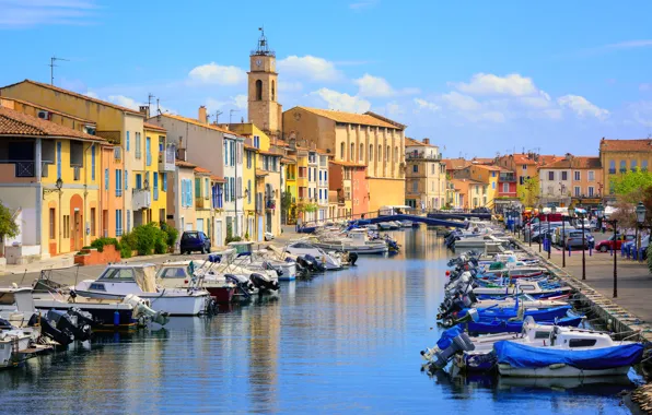 The sky, clouds, river, France, home, boats, channel, bridges