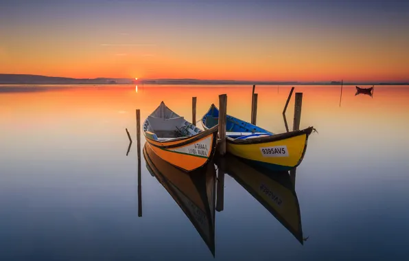 Picture lake, reflection, mirror, sunrise, Canoeing, orange sky