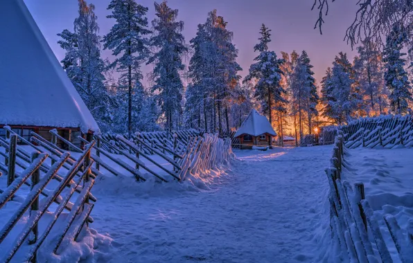 Picture winter, snow, trees, sunset, the fence, hut, Finland, Finland
