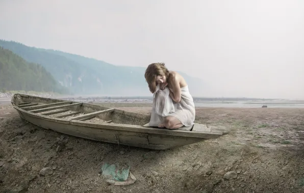 Girl, nature, pose, stones, shore, boat, photoart, LINGDUMSTUDOG