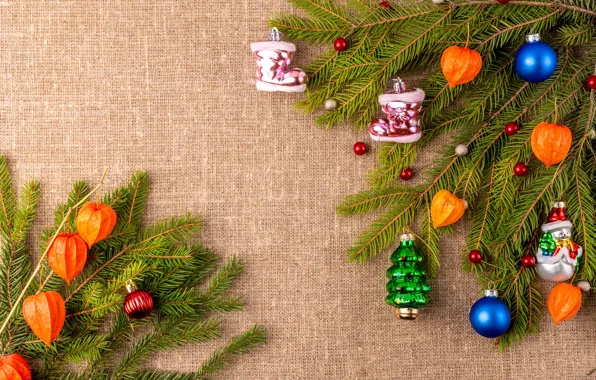 Balls, branches, Christmas, New year, snowman, boots, herringbone, needles