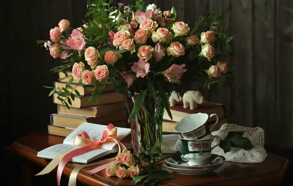 Picture flowers, books, roses, Cup, tape, vase, still life, bow