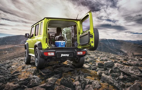 Picture the sky, clouds, stones, space, Suzuki, rear view, Jimny, open door