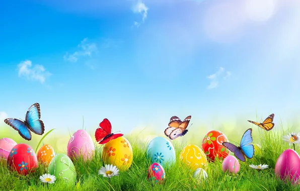 Flowers, eggs, spring, colorful, Easter, happy, flowers, spring